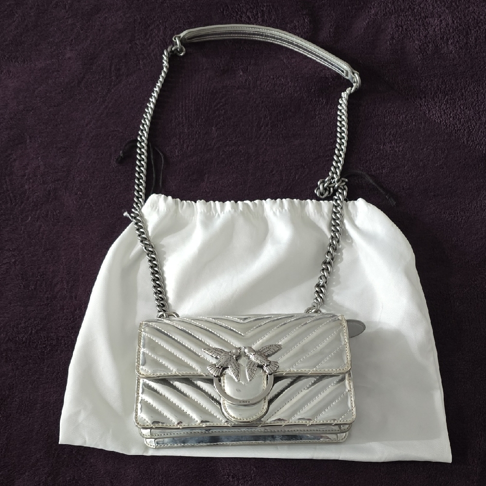 🇮🇹Italian Pinko Metallic Silver Quilted Crossbody Bag with Chain Strap